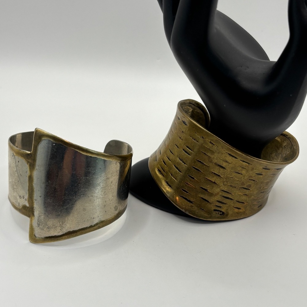 Lot of 2 Wide Artisan Cuff Bracelets Mixed Metal - Picture 4 of 13